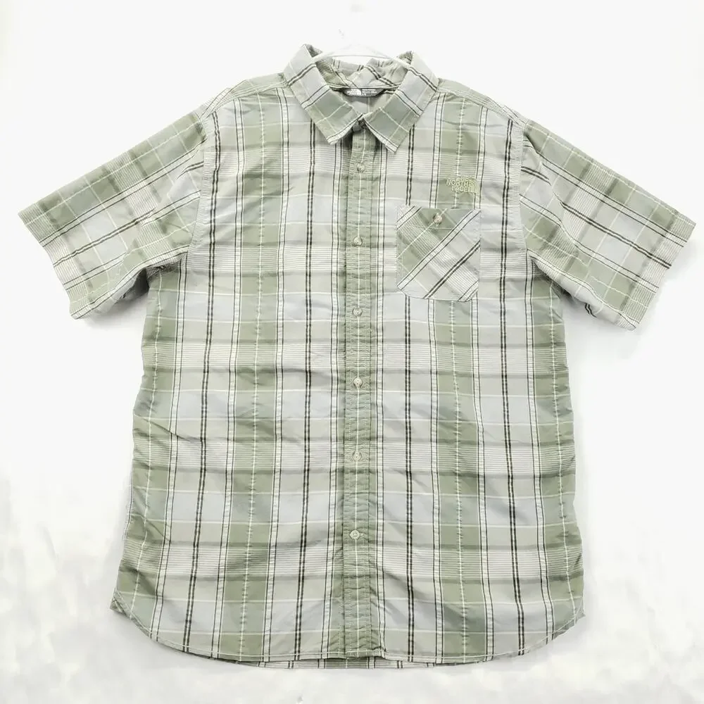 The North Face Shirt Mens Large Olive Green Plaid Nylon Short Sleeve Button-Up